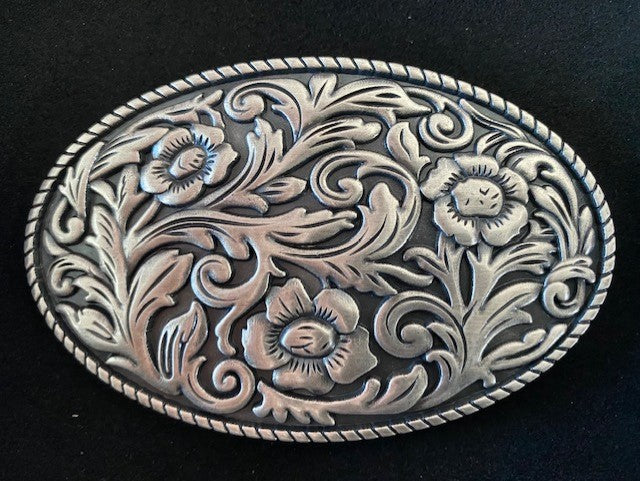 Vintage Western Cowboy Cowgirl Flower Oval Belt Buckle