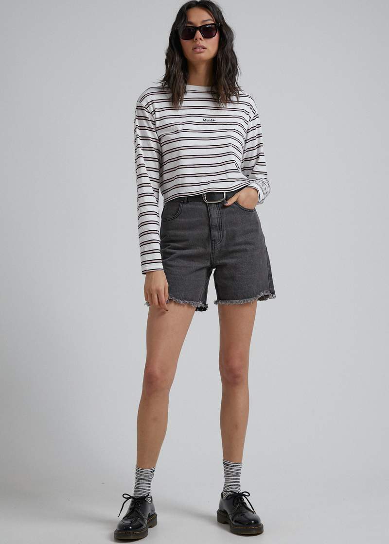 Afends Niko Stripe Cropped Long Sleeve Tee Off White
