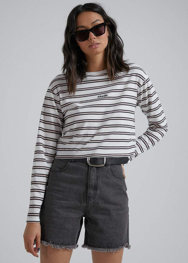 Afends Niko Stripe Cropped Long Sleeve Tee Off White