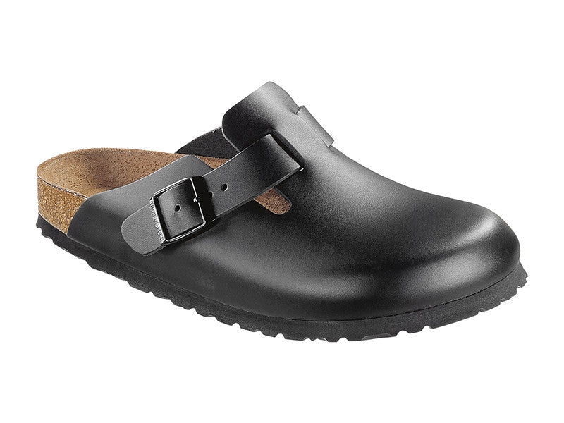 Birkenstock Boston Black Smooth Leather clog with a buckle strap and classic footbed.
