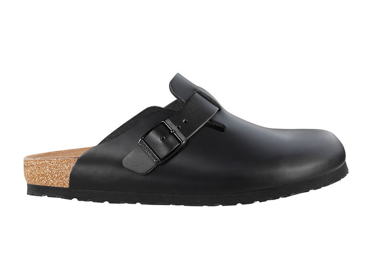 Birkenstock Boston Black Smooth Leather clog with a buckle strap and classic footbed.