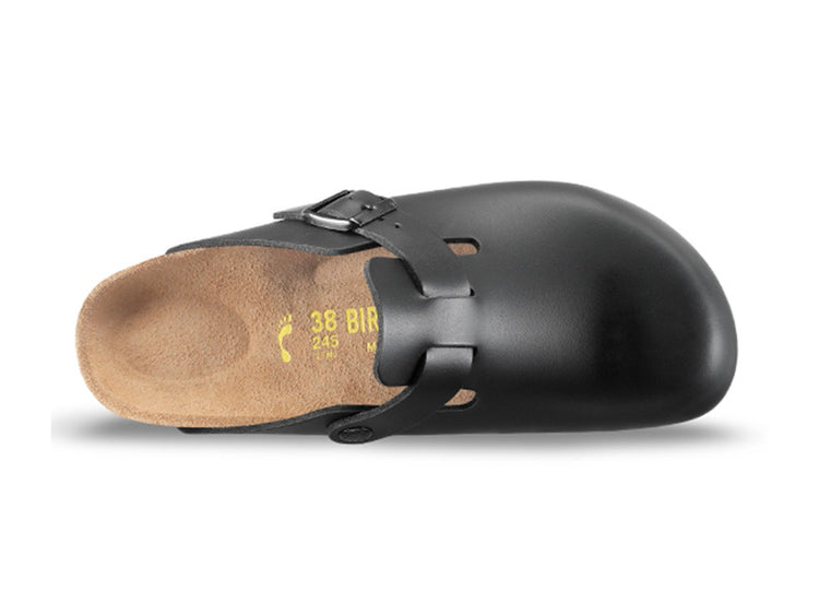 Birkenstock Boston Black Smooth Leather clog with a buckle strap and classic footbed.