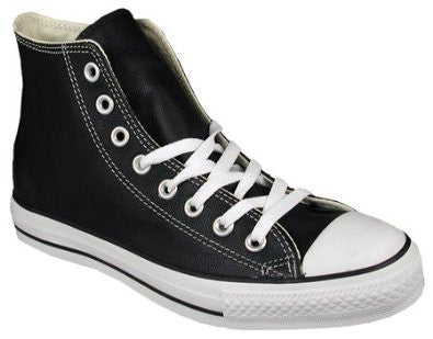 A high-top Converse Chuck Taylor sneaker with a black leather upper, white canvas lining, and black and white color scheme.