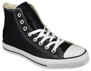 A high-top Converse Chuck Taylor sneaker with a black leather upper, white canvas lining, and black and white color scheme.