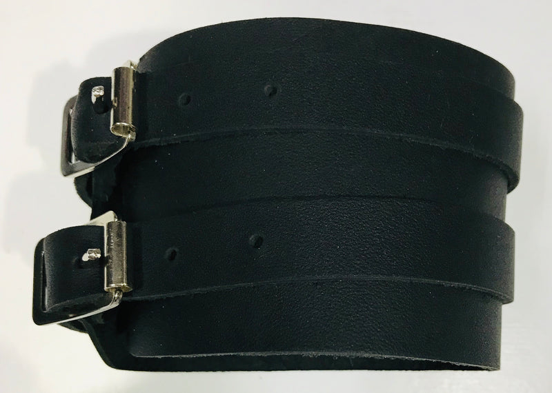Leather Wristband Double Strap Soft Black