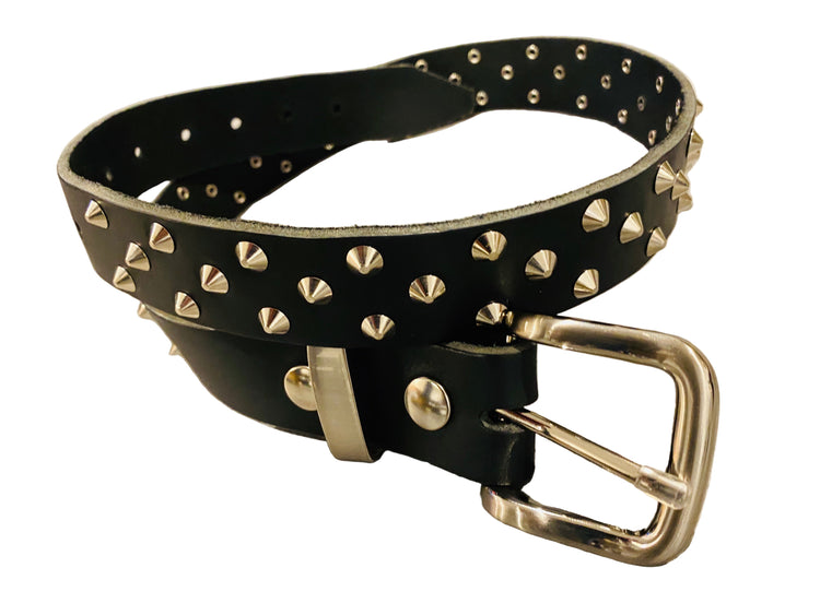 A black studded leather belt with a metal buckle, showcasing a series of silver studs evenly spaced across the length of the belt.