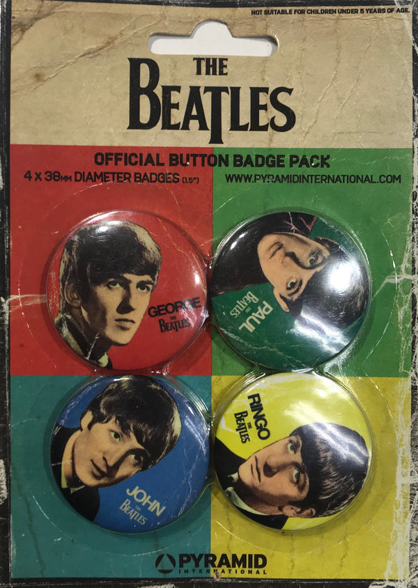 Pyramid International The Beatles Official Button Badge Pack of 4 Group Members Multicoloured Ringo (Yellow), George (Red), Paul (Green) and John (Blue) BP80285 Famous Rock Shop Newcastle 2300 NSW Australia