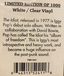 Iggy Pop The Idiot  Limited Edition White Clear Vinyl