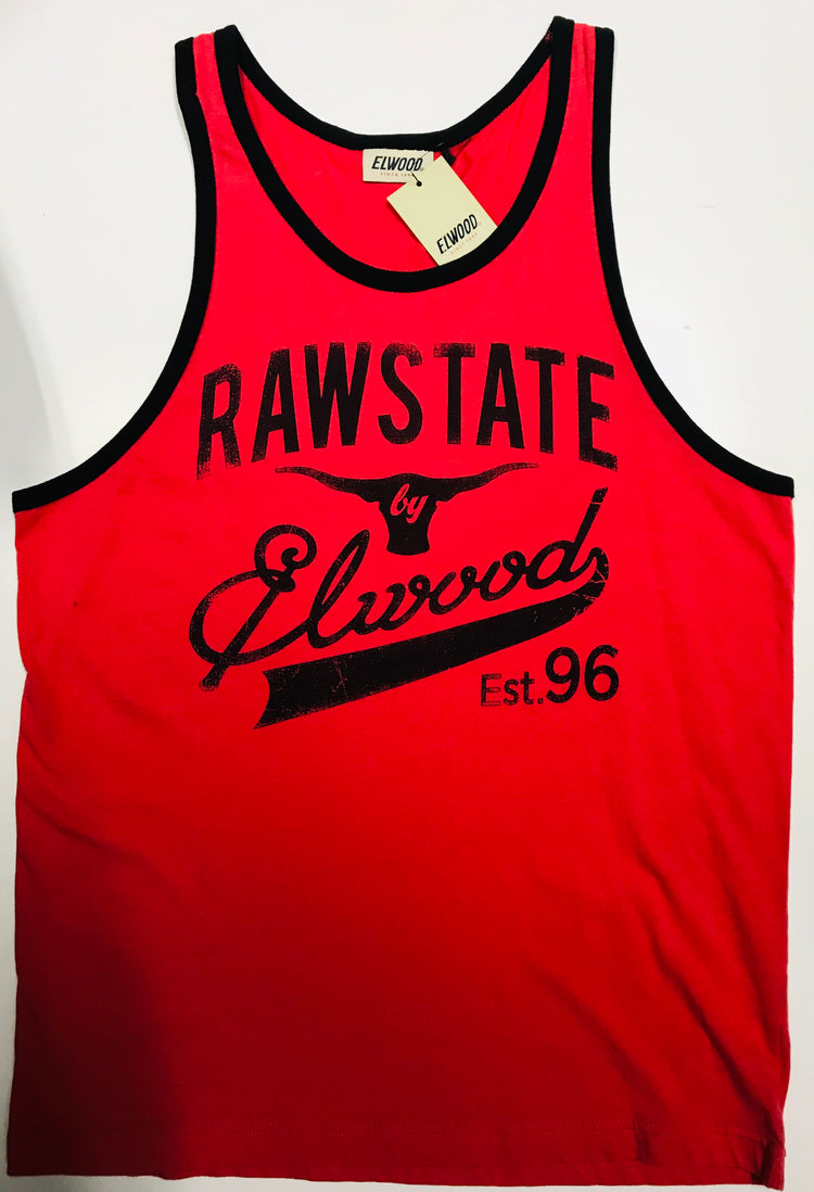 A light red tank top with black text 'RAWSTATE' and 'Longthorns Est.96' printed on the front.