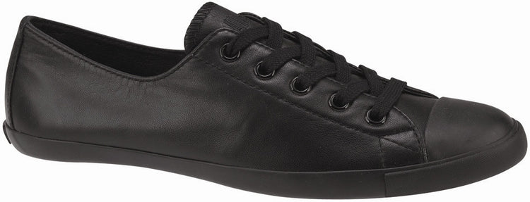 A black leather Converse sneaker with a low profile design and a lace-up closure.
